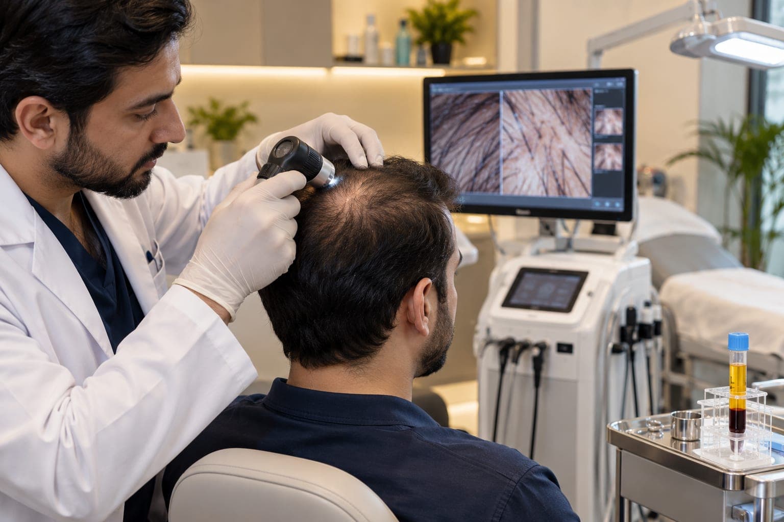 Hair loss treatment consultation and scalp examination at a professional hair clinic in Lahore